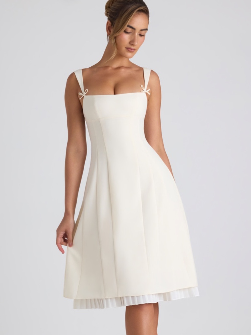 Oh Polly Bow-Detail Pleated A-Line Midi Dress in Ivory